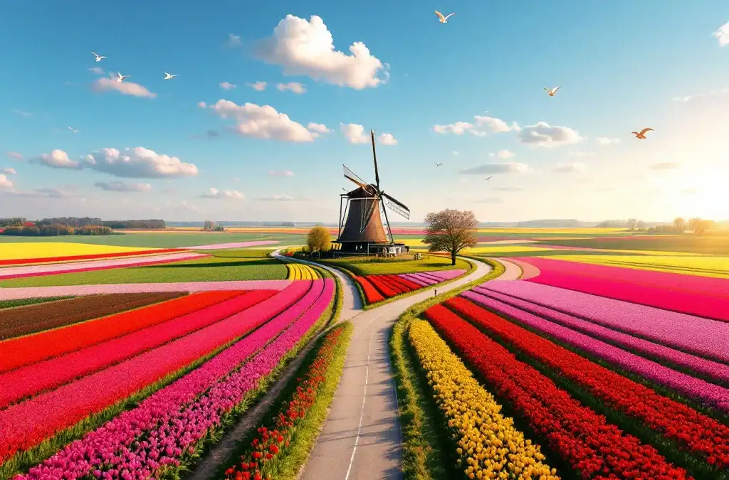 Luchtfoto van kleurrijke tulpenvelden langs de Bloemenroute Bollenstreek, met slingerend fietspad en traditionele windmolen onder blauwe lucht.