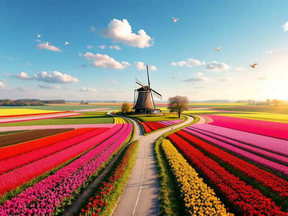 Luchtfoto van kleurrijke tulpenvelden langs de Bloemenroute Bollenstreek, met slingerend fietspad en traditionele windmolen onder blauwe lucht.