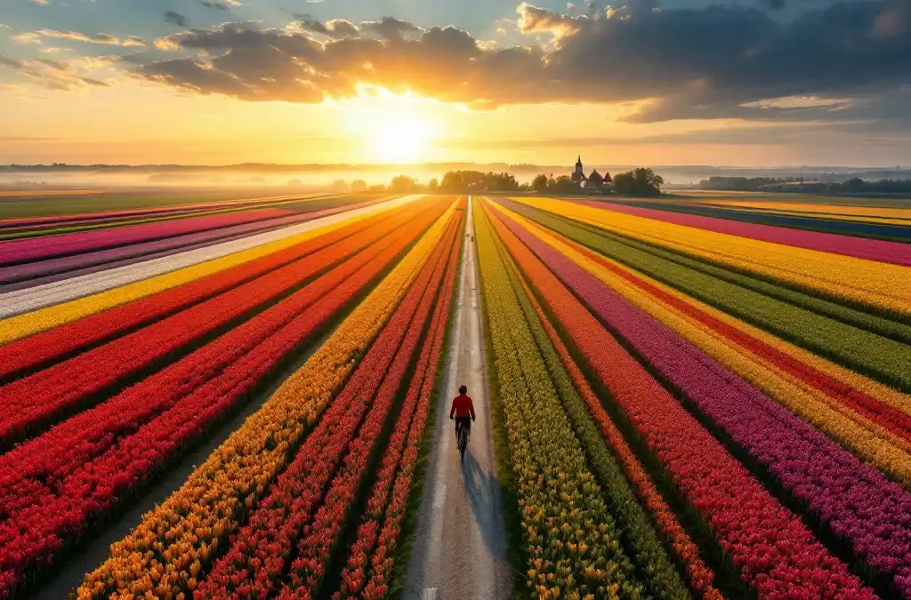 Luchtperspectief van de Bollenroute bij zonsopgang met kleurrijke tulpenvelden, kronkelend fietspad en dromerige ochtendmist.