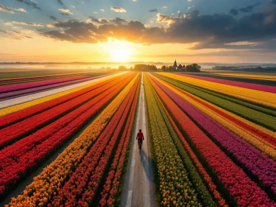 Luchtperspectief van de Bollenroute bij zonsopgang met kleurrijke tulpenvelden, kronkelend fietspad en dromerige ochtendmist.