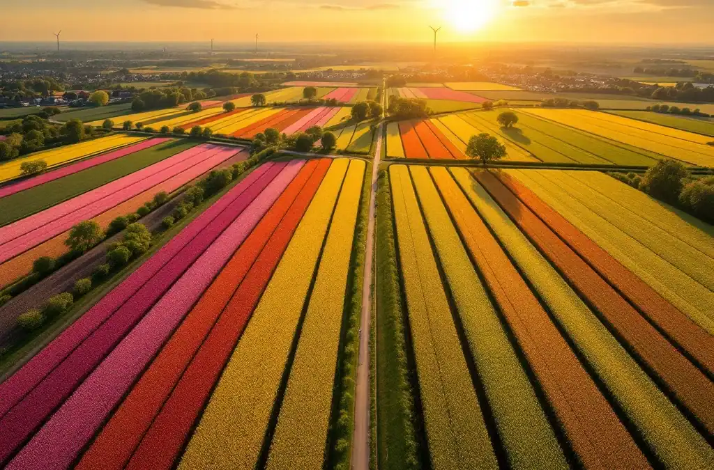 Luchtfoto van kleurrijke tulpenvelden in de Bollenstreek met Keukenhof, omliggende dorpen en een windmolen in gouden zonlicht.