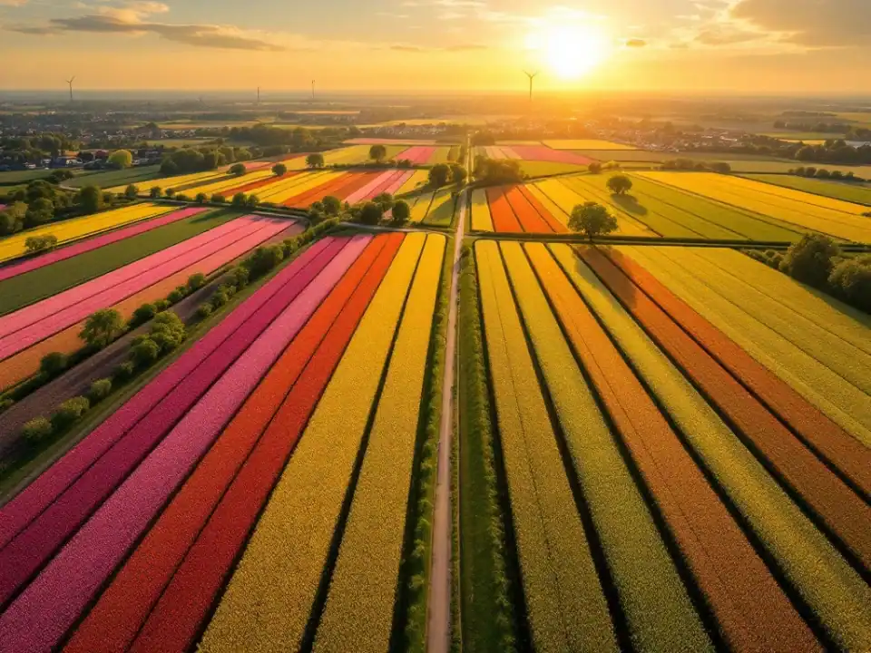 Luchtfoto van kleurrijke tulpenvelden in de Bollenstreek met Keukenhof, omliggende dorpen en een windmolen in gouden zonlicht.
