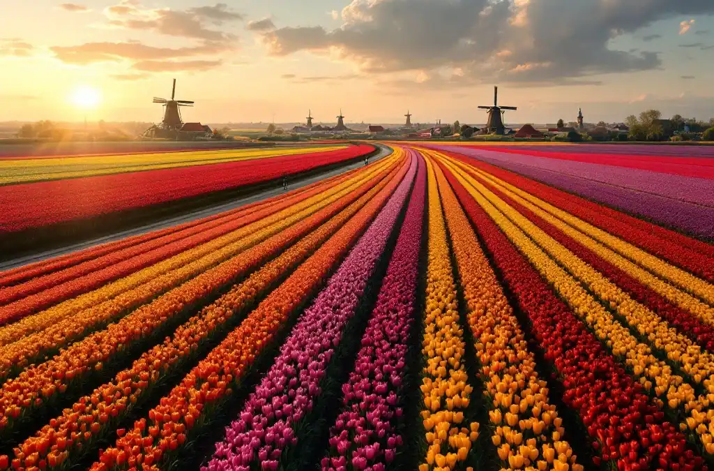 Luchtaanzicht Bollenstreek tijdens gouden uur: kleurrijke tulpenvelden, slingerend fietspad, windmolens en een charmant dorpje in de verte.