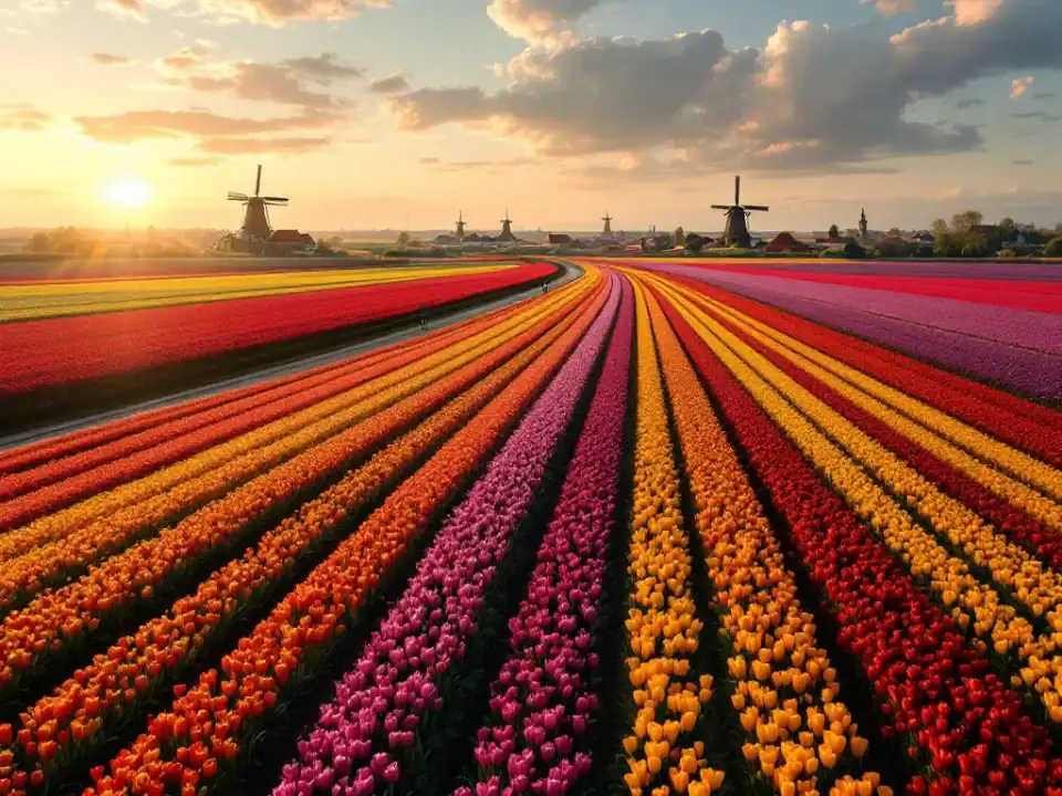 Luchtaanzicht Bollenstreek tijdens gouden uur: kleurrijke tulpenvelden, slingerend fietspad, windmolens en een charmant dorpje in de verte.