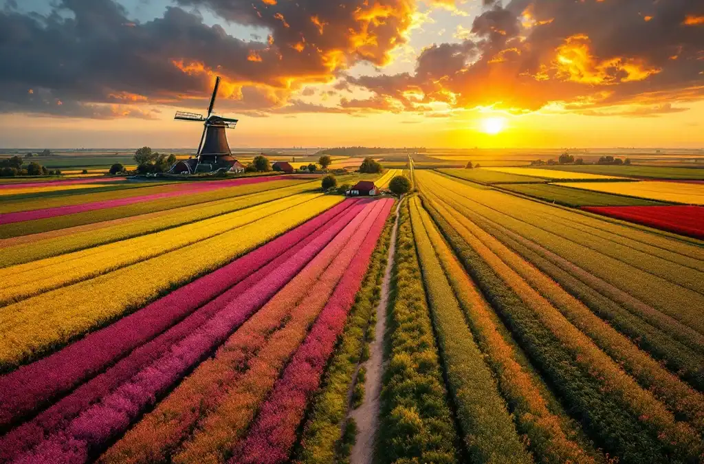 Kleurrijke Nederlandse bollenvelden in volle bloei bij zonsondergang, met in de verte een windmolen en landhuis. Een slingerend fietspad doorsnijdt het levendige landschap.