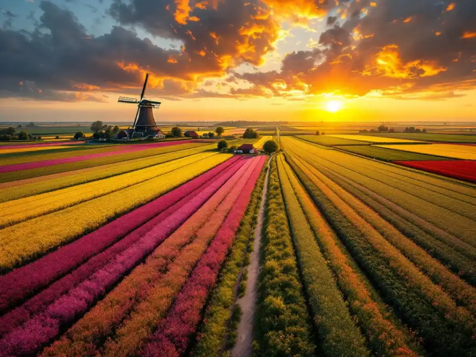 Kleurrijke Nederlandse bollenvelden in volle bloei bij zonsondergang, met in de verte een windmolen en landhuis. Een slingerend fietspad doorsnijdt het levendige landschap.