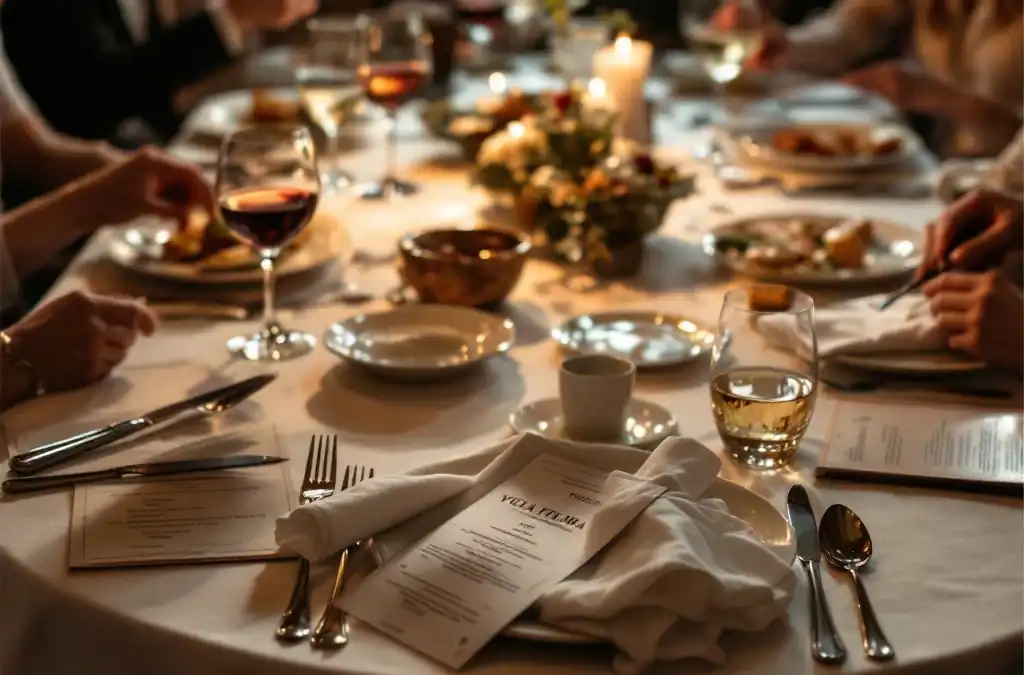 Elegant gedekte restauranttafel bij Villa Flora vanuit bovenaanzicht, met half lege borden, wijnglazen, menukaarten, één lege stoel, en een rekening onder een bord.