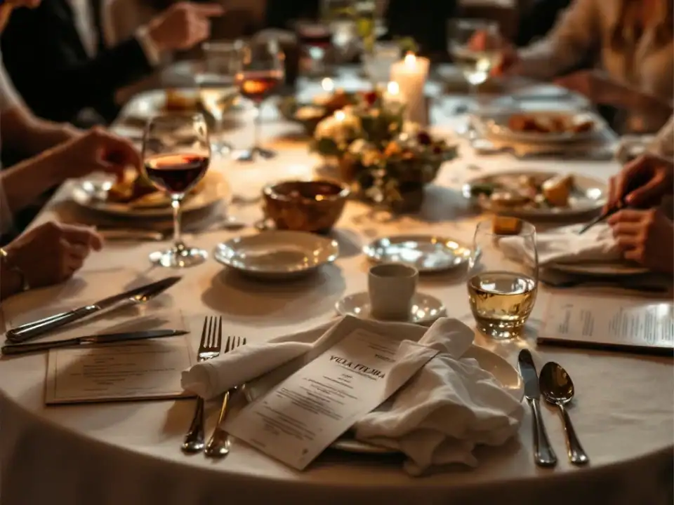 Elegant gedekte restauranttafel bij Villa Flora vanuit bovenaanzicht, met half lege borden, wijnglazen, menukaarten, één lege stoel, en een rekening onder een bord.