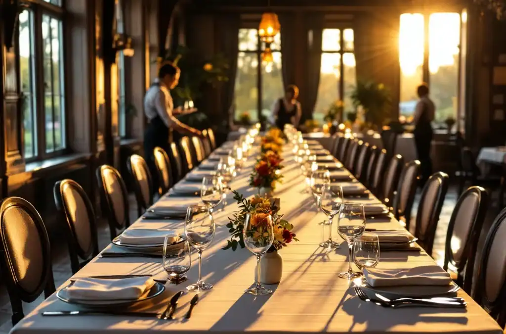 Elegante gedekte eettafel in historisch villa-restaurant, baadt in gouden avondlicht. Wit linnen, kristallen glazen en bloemen wachten op gasten terwijl personeel voorbereidingen treft.