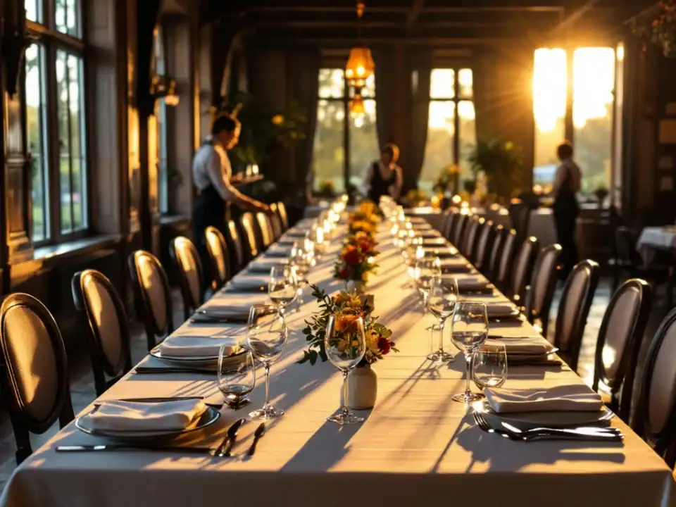 Elegante gedekte eettafel in historisch villa-restaurant, baadt in gouden avondlicht. Wit linnen, kristallen glazen en bloemen wachten op gasten terwijl personeel voorbereidingen treft.