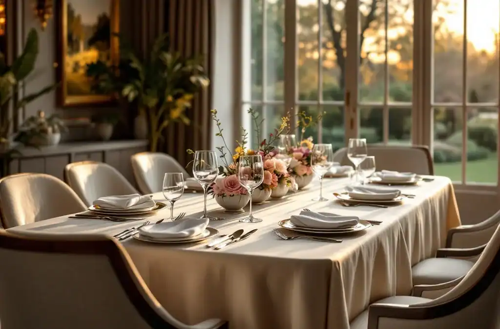 Elegante eettafel gedekt voor twaalf personen in stijlvol restaurant met bloemstukken, kaarsen en zicht op historisch pand met tuin in warm middaglicht.