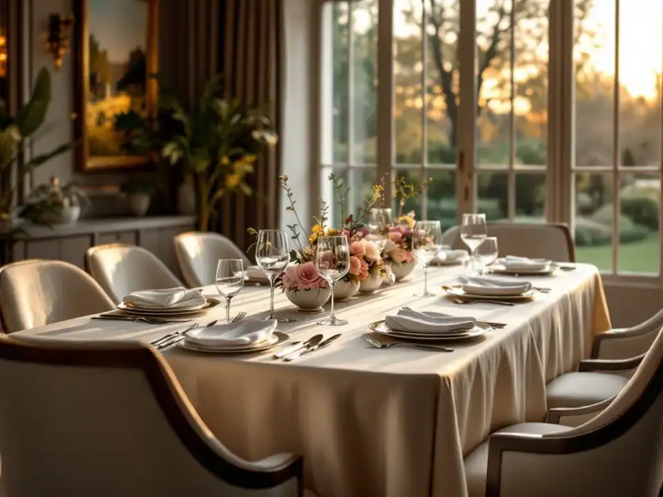 Elegante eettafel gedekt voor twaalf personen in stijlvol restaurant met bloemstukken, kaarsen en zicht op historisch pand met tuin in warm middaglicht.