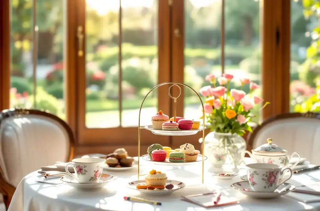 Elegante theeruimte in historische villa met drielaagse theepresentatie, kindvriendelijk servies en activiteitenkaarten in warm zonlicht.