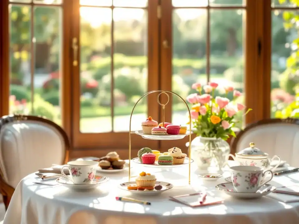 Elegante theeruimte in historische villa met drielaagse theepresentatie, kindvriendelijk servies en activiteitenkaarten in warm zonlicht.