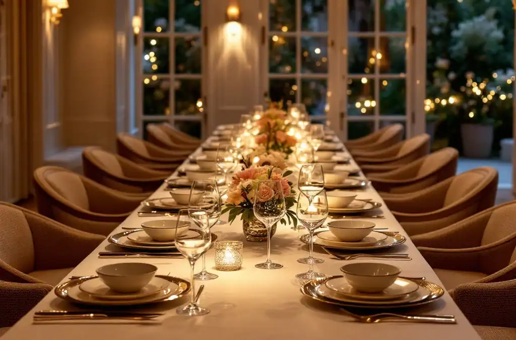 Elegant gedekte tafel in Villa Flora met sfeerverlichting, luxe couverts, kristallen glazen en bloemstukken in klassiek-modern interieur.