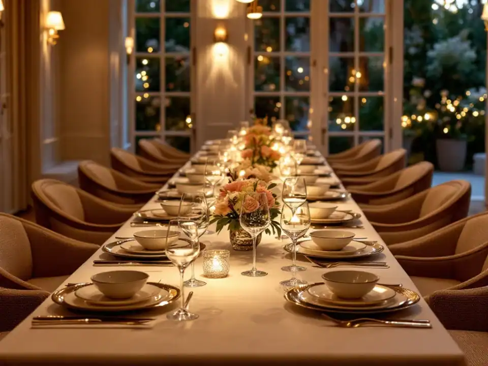 Elegant gedekte tafel in Villa Flora met sfeerverlichting, luxe couverts, kristallen glazen en bloemstukken in klassiek-modern interieur.