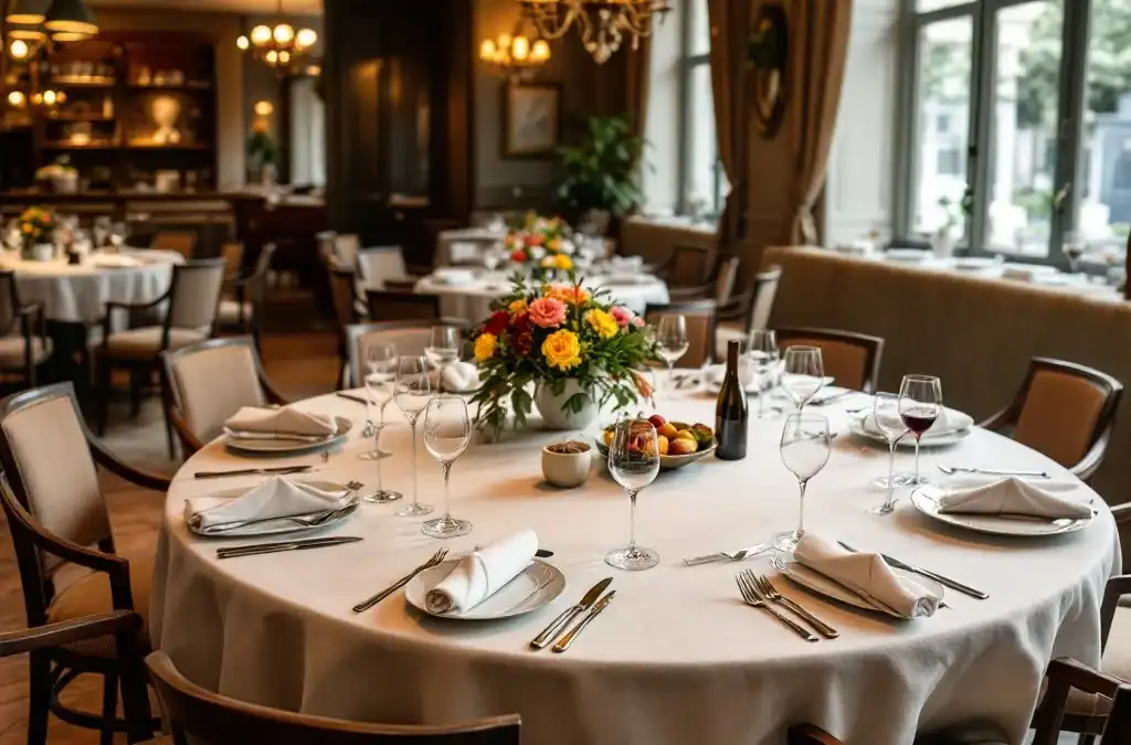 Elegant gedekte ronde tafel in Villa Flora restaurant met menukaarten, wijnglazen en een reserveringsboek in warm avondlicht en klassieke omgeving.