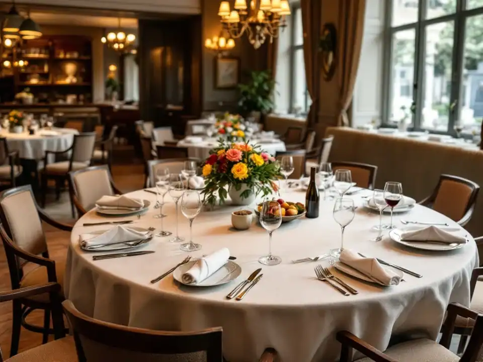Elegant gedekte ronde tafel in Villa Flora restaurant met menukaarten, wijnglazen en een reserveringsboek in warm avondlicht en klassieke omgeving.