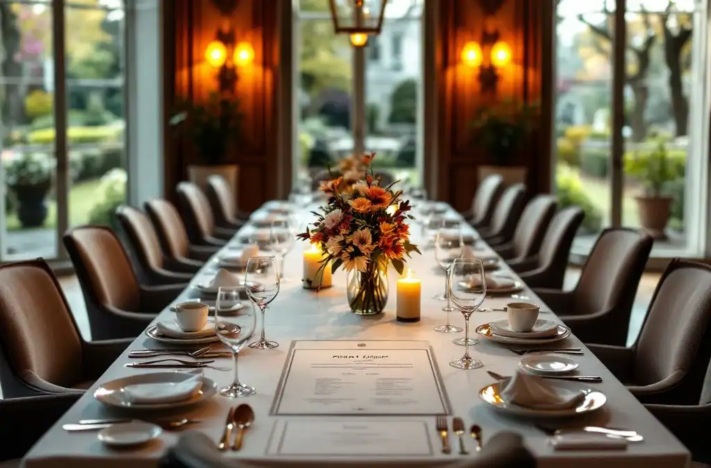 Elegante gedekte tafel voor groepsreservering in stijlvol historisch restaurant met kroonluchters, bloemstukken, tafelplan en verfijnd servies in warme sfeervolle omgeving.
