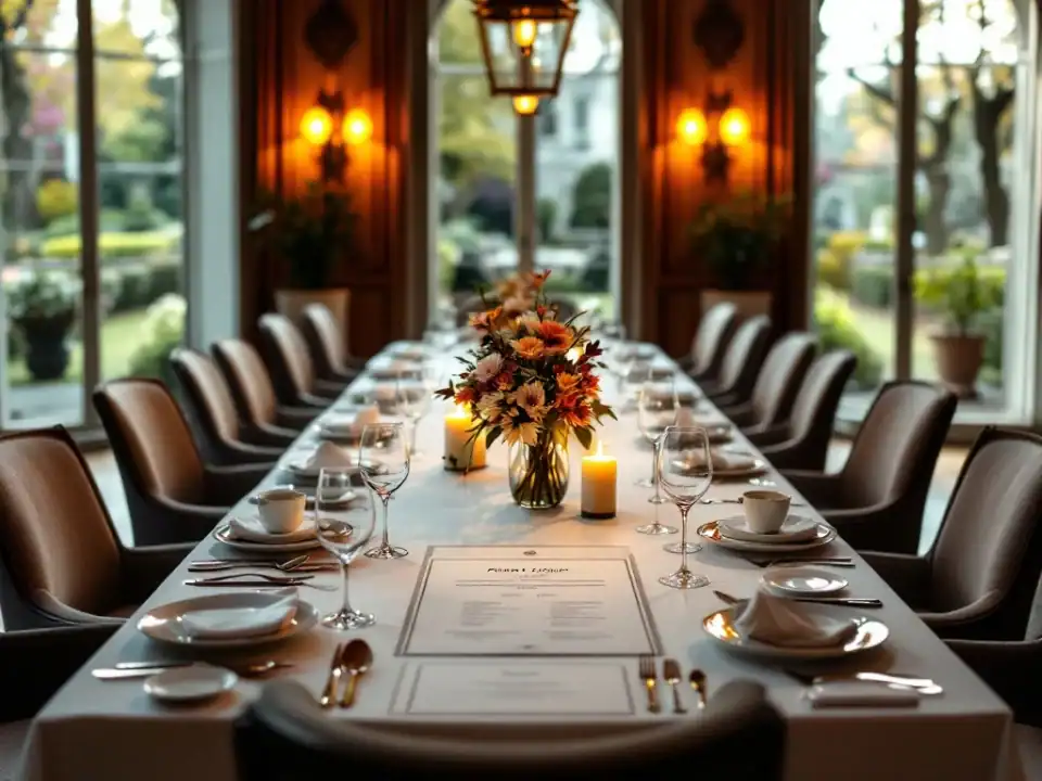 Elegante gedekte tafel voor groepsreservering in stijlvol historisch restaurant met kroonluchters, bloemstukken, tafelplan en verfijnd servies in warme sfeervolle omgeving.