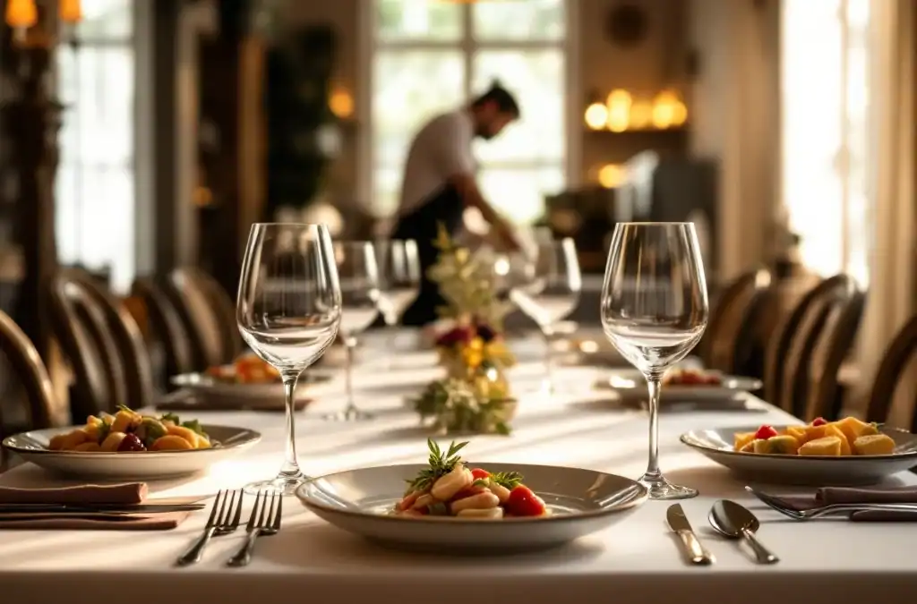 Elegant gedekte tafel in stijlvol restaurant Villa Flora met kunstzinnig voorgerecht, kristallen wijnglazen en sfeervolle kaarslicht in historisch pand.