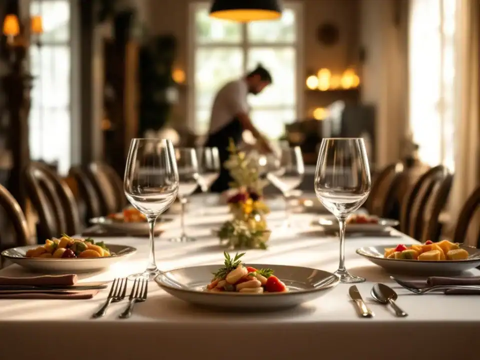 Elegant gedekte tafel in stijlvol restaurant Villa Flora met kunstzinnig voorgerecht, kristallen wijnglazen en sfeervolle kaarslicht in historisch pand.
