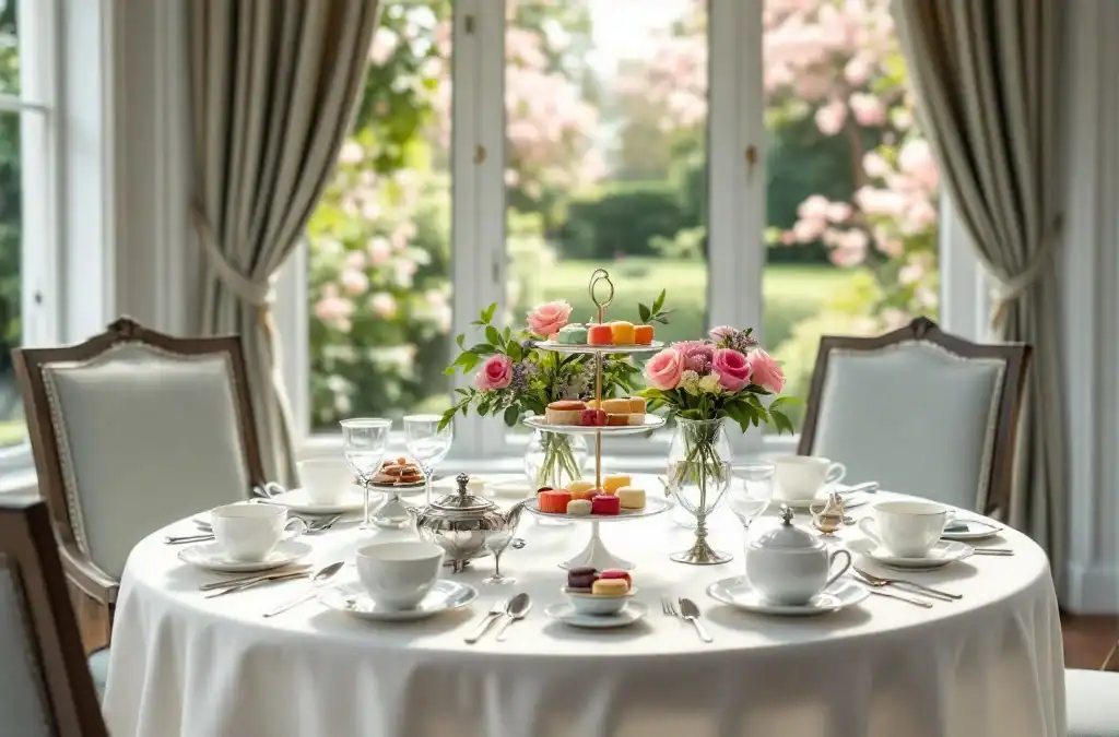 Elegante tafel gedekt voor high tea in Villa Flora Hillegom, met porseleinen servies, etagères vol lekkernijen en uitzicht op bloeiende tuinen.