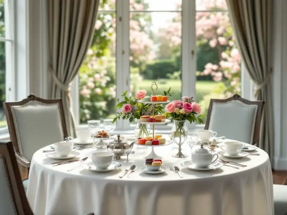 Elegante tafel gedekt voor high tea in Villa Flora Hillegom, met porseleinen servies, etagères vol lekkernijen en uitzicht op bloeiende tuinen.