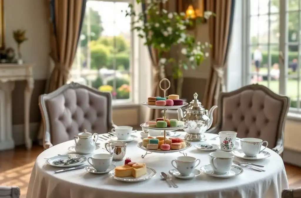 Elegante high tea tafel in historisch interieur van Villa Flora Hillegom, met drielaagse etagère, porseleinen theekopjes en tuinzicht door grote ramen.