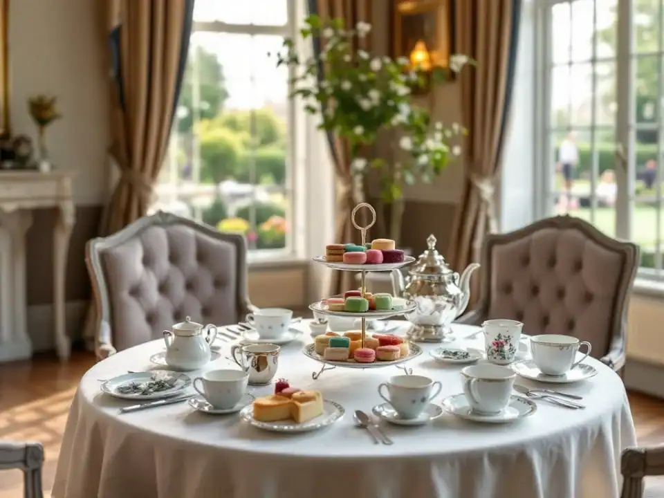 Elegante high tea tafel in historisch interieur van Villa Flora Hillegom, met drielaagse etagère, porseleinen theekopjes en tuinzicht door grote ramen.