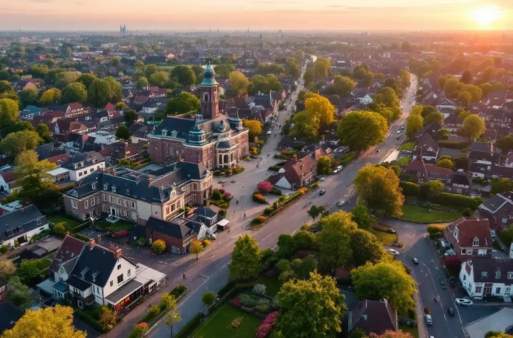 Panoramisch zicht op Hillegom met Villa Flora, kleurrijke bloembollenvelden, typische Nederlandse architectuur en fiets tegen hek tijdens gouden uur.
