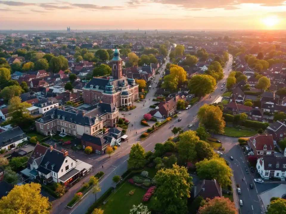 Panoramisch zicht op Hillegom met Villa Flora, kleurrijke bloembollenvelden, typische Nederlandse architectuur en fiets tegen hek tijdens gouden uur.
