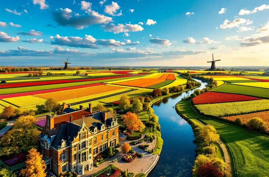 Luchtfoto van kleurrijke tulpenvelden in Hillegom met Villa Flora, een kanaal en windmolen in de verte onder gouden namiddaglicht in de Bollenstreek.