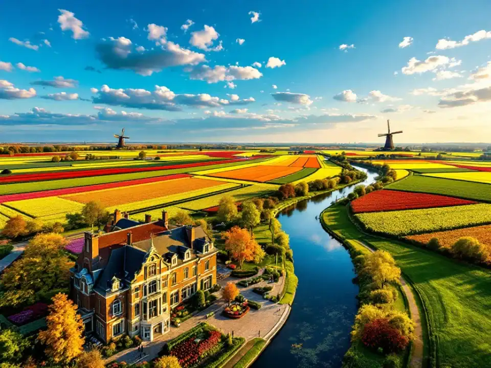 Luchtfoto van kleurrijke tulpenvelden in Hillegom met Villa Flora, een kanaal en windmolen in de verte onder gouden namiddaglicht in de Bollenstreek.