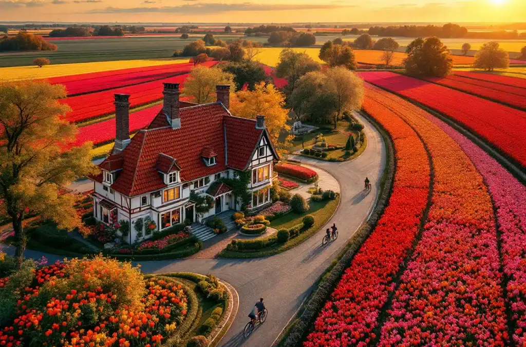 Historische Villa Flora in Hillegom bij gouden uurtje, omringd door kleurrijke tulpenvelden, met fietspad en twee geparkeerde fietsen op de voorgrond.