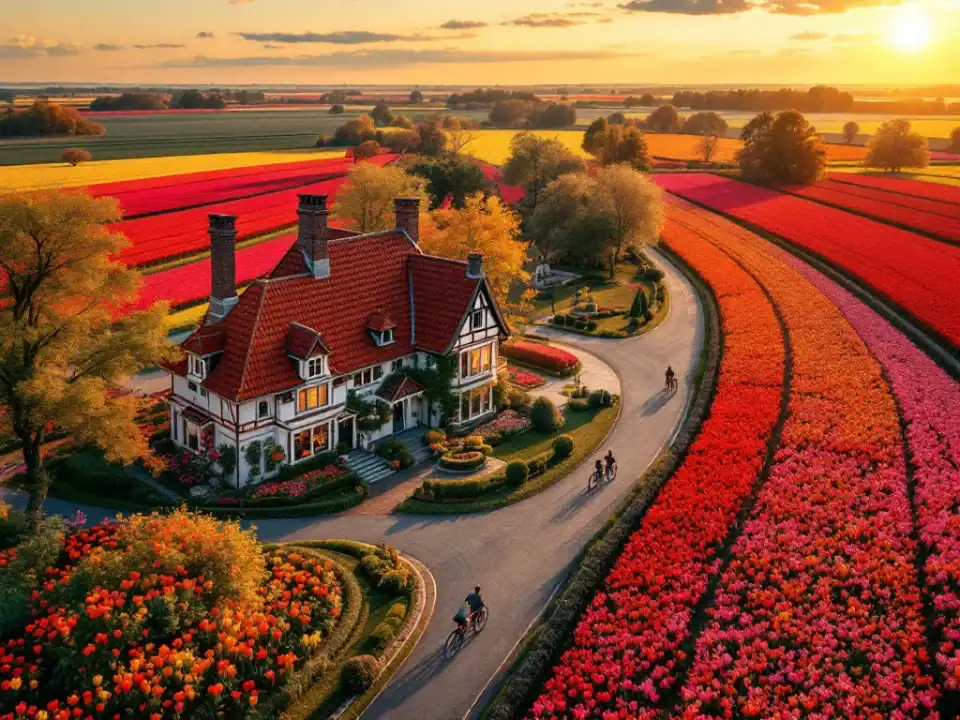 Historische Villa Flora in Hillegom bij gouden uurtje, omringd door kleurrijke tulpenvelden, met fietspad en twee geparkeerde fietsen op de voorgrond.