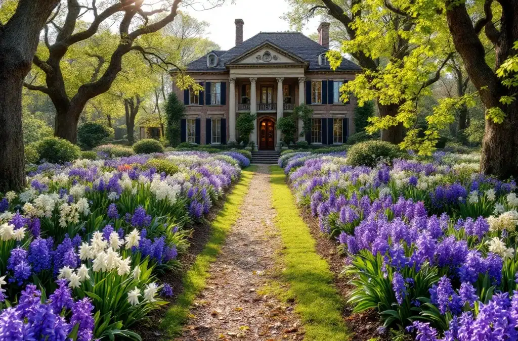 Rustieke bloementuin met kleurrijke tulpen, hyacinten en narcissen, sierlijke paden en een elegante historische villa op de achtergrond in warm zonlicht.