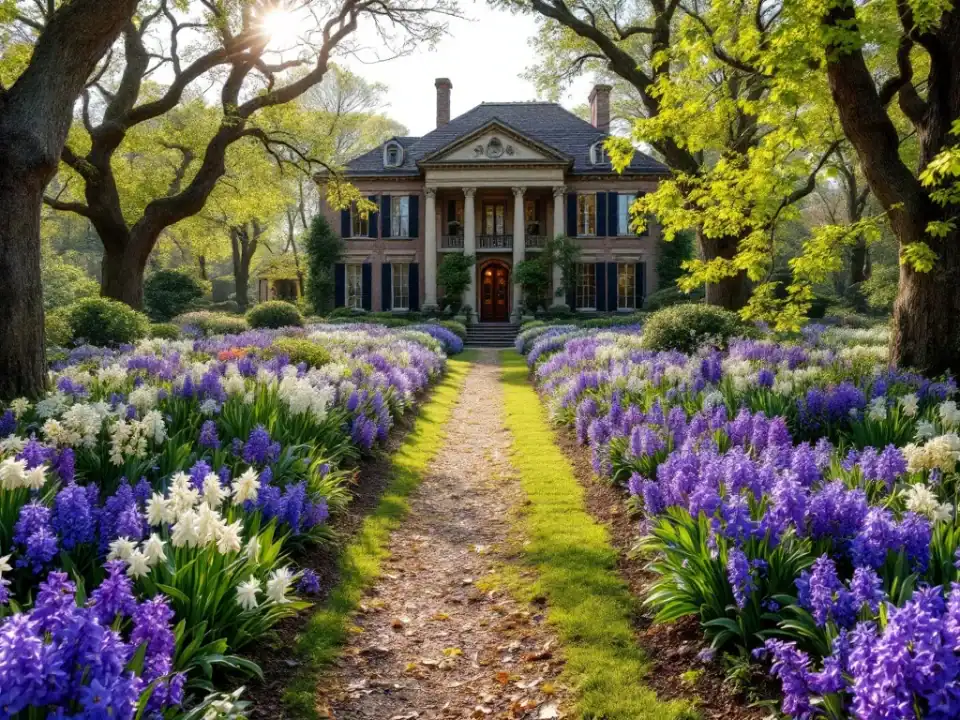 Rustieke bloementuin met kleurrijke tulpen, hyacinten en narcissen, sierlijke paden en een elegante historische villa op de achtergrond in warm zonlicht.