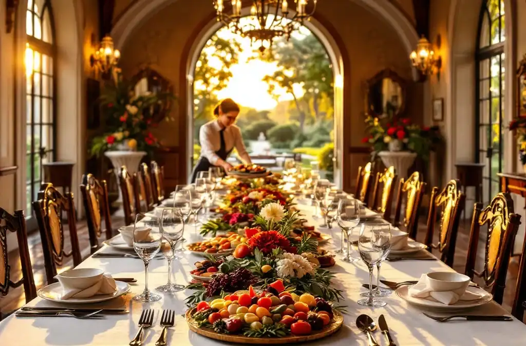 Elegante eettafel in historische villa met gewelfde plafonds en kroonluchters, waar een ober een seizoensvoorgerecht serveert bij zonsondergang.