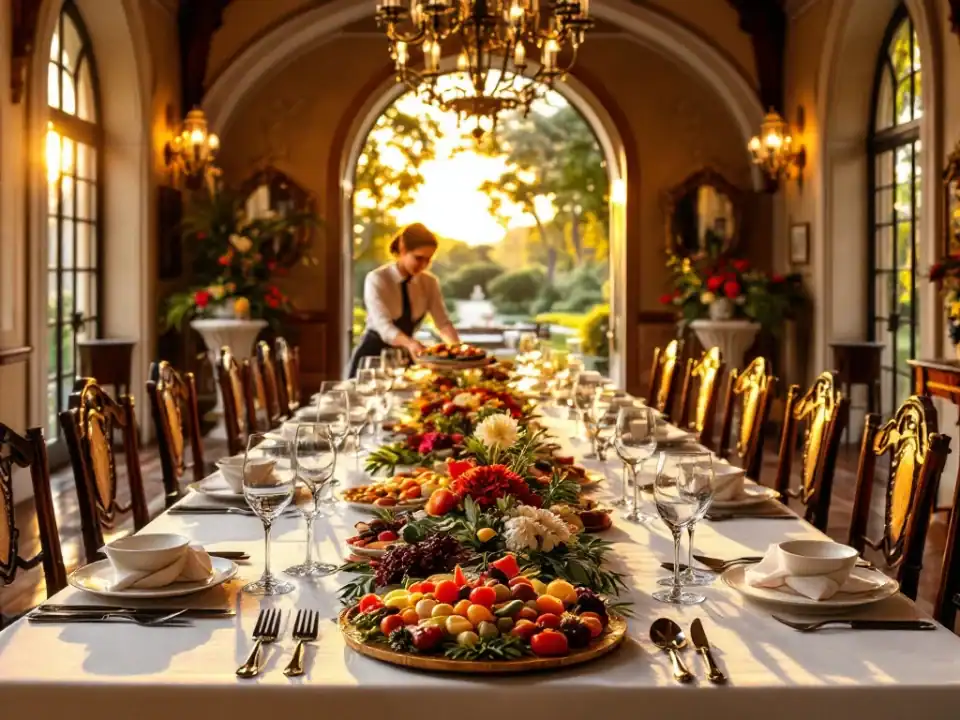 Elegante eettafel in historische villa met gewelfde plafonds en kroonluchters, waar een ober een seizoensvoorgerecht serveert bij zonsondergang.