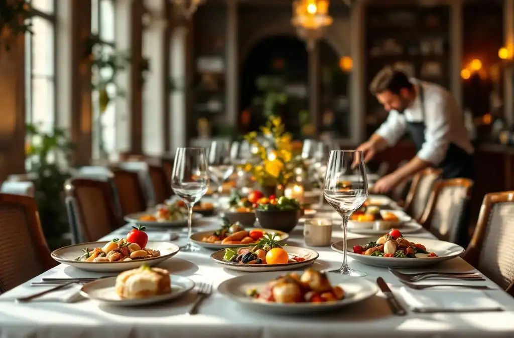 Elegant gedekte tafel in historisch restaurant met diverse dieetopties: glutenvrij, vegetarisch en veganistisch. Chef werkt aan gerecht terwijl zonlicht door ramen valt.