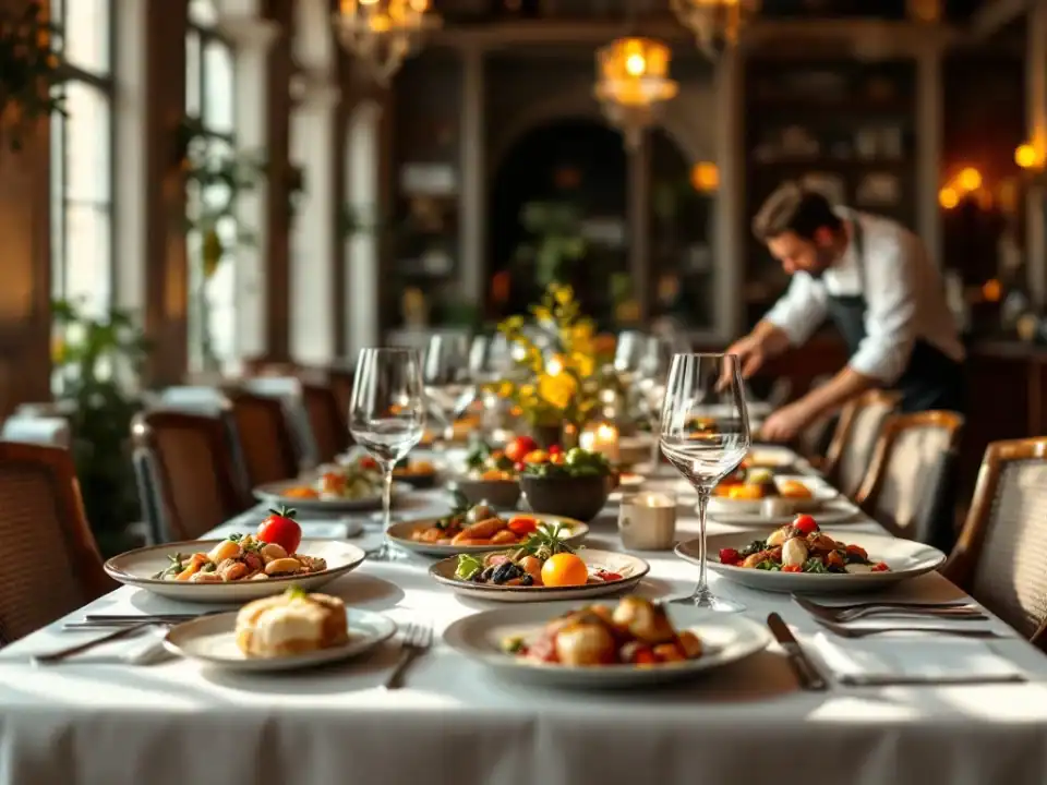 Elegant gedekte tafel in historisch restaurant met diverse dieetopties: glutenvrij, vegetarisch en veganistisch. Chef werkt aan gerecht terwijl zonlicht door ramen valt.