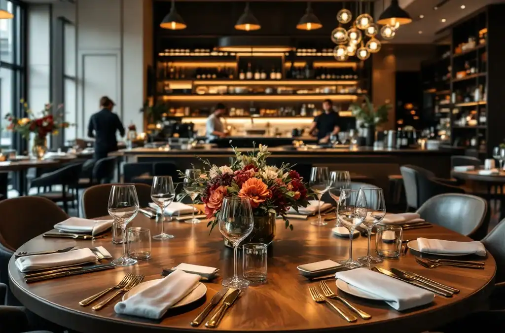 Luxe restaurantinterieur met elegant gedekte ronde tafel voor groepsdiner, warme verlichting, open keuken en sommelier die wijnen arrangeert.