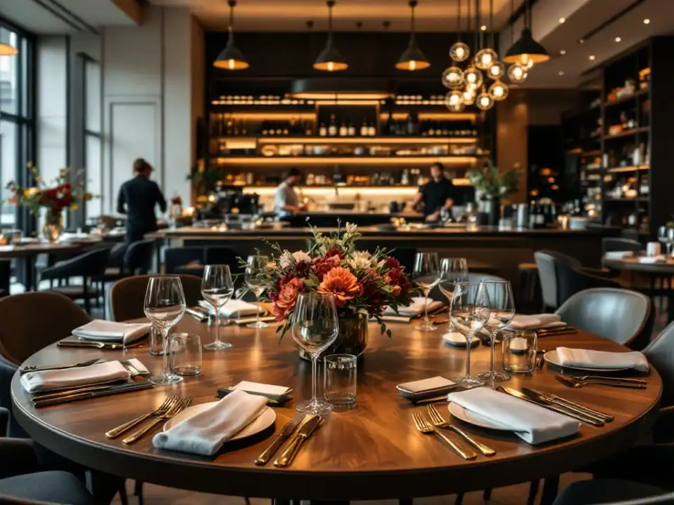 Luxe restaurantinterieur met elegant gedekte ronde tafel voor groepsdiner, warme verlichting, open keuken en sommelier die wijnen arrangeert.