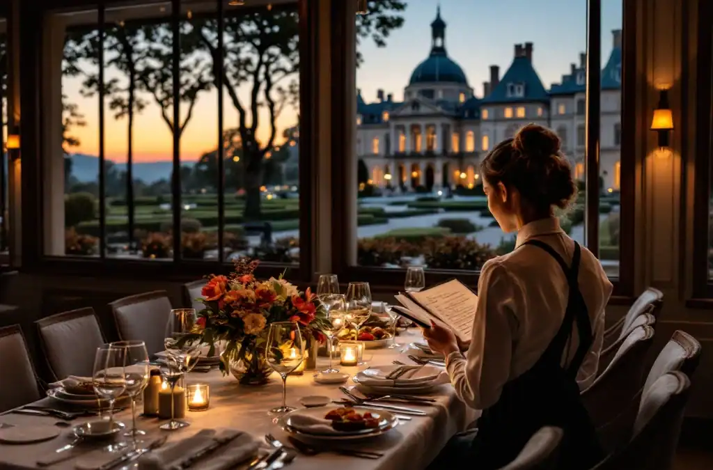 Restaurantmanager bekijkt bezorgd het reserveringsboek bij een elegant gedekte groepstafel met diverse couverts in een sfeervol restaurant met uitzicht op een historische villa.