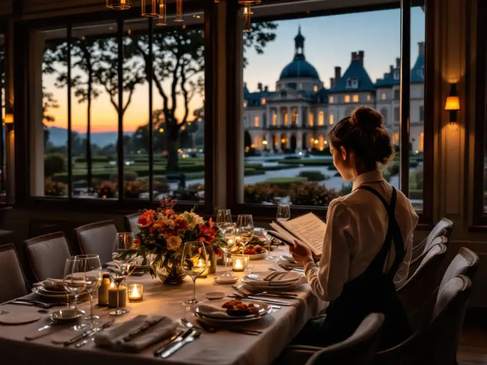 Restaurantmanager bekijkt bezorgd het reserveringsboek bij een elegant gedekte groepstafel met diverse couverts in een sfeervol restaurant met uitzicht op een historische villa.