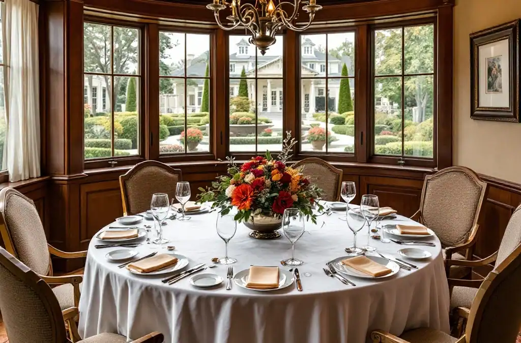 Elegante privé-eetkamer in Villa Flora met ronde tafel, fijn servies, verse bloemen en zicht op de tuin. Perfect voor familiebijeenkomsten.