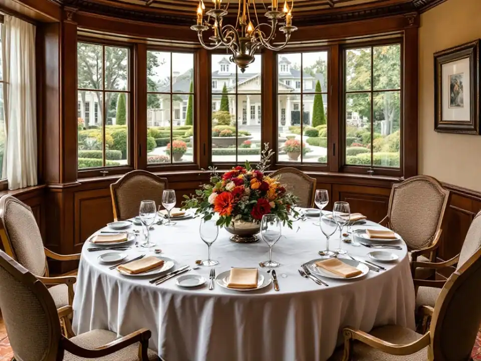Elegante privé-eetkamer in Villa Flora met ronde tafel, fijn servies, verse bloemen en zicht op de tuin. Perfect voor familiebijeenkomsten.