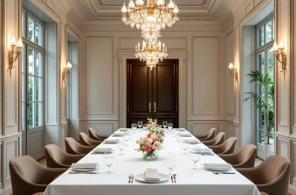 Elegante privéruimte in historisch restaurant met professioneel gedekte tafel, kristallen kroonluchters, klassieke architectuur en uitzicht op tuin, perfect voor zakelijke diners.