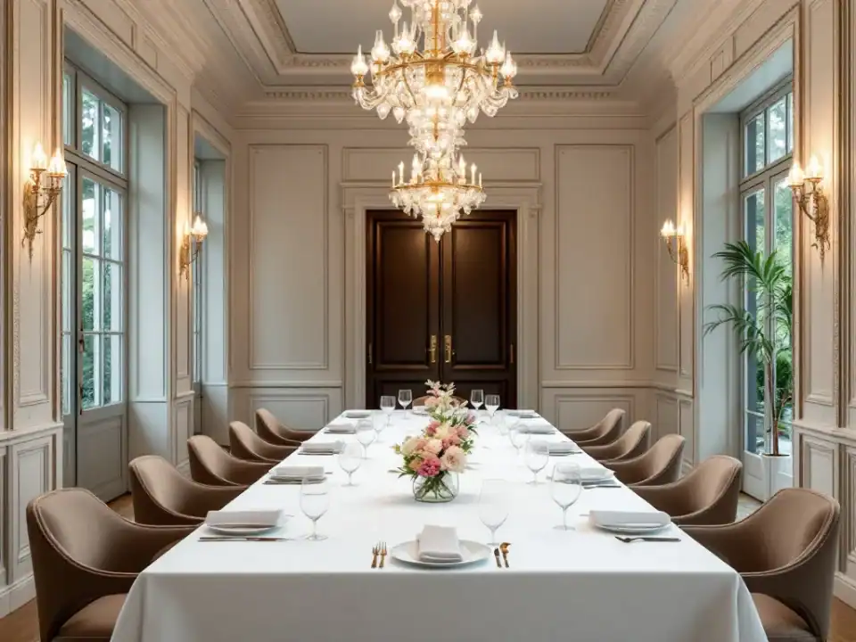 Elegante privéruimte in historisch restaurant met professioneel gedekte tafel, kristallen kroonluchters, klassieke architectuur en uitzicht op tuin, perfect voor zakelijke diners.